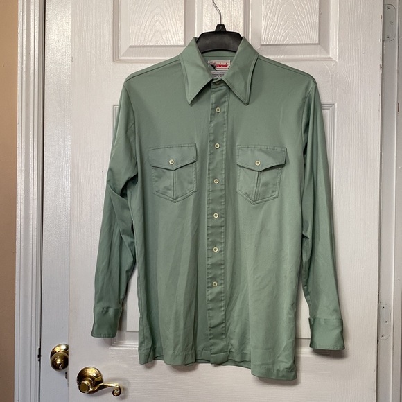 Vintage Other - VTG 70’s Sage Green Polyester Disco Long Sleeve Button Down Shirt